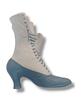 Large Blue White Victorian Lace Up Heeled Boot Shoe Ceramic Planter Vase Vintage
